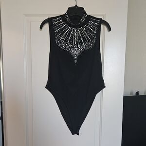Black Sleeveless Bodysuit with Silver Embellishments